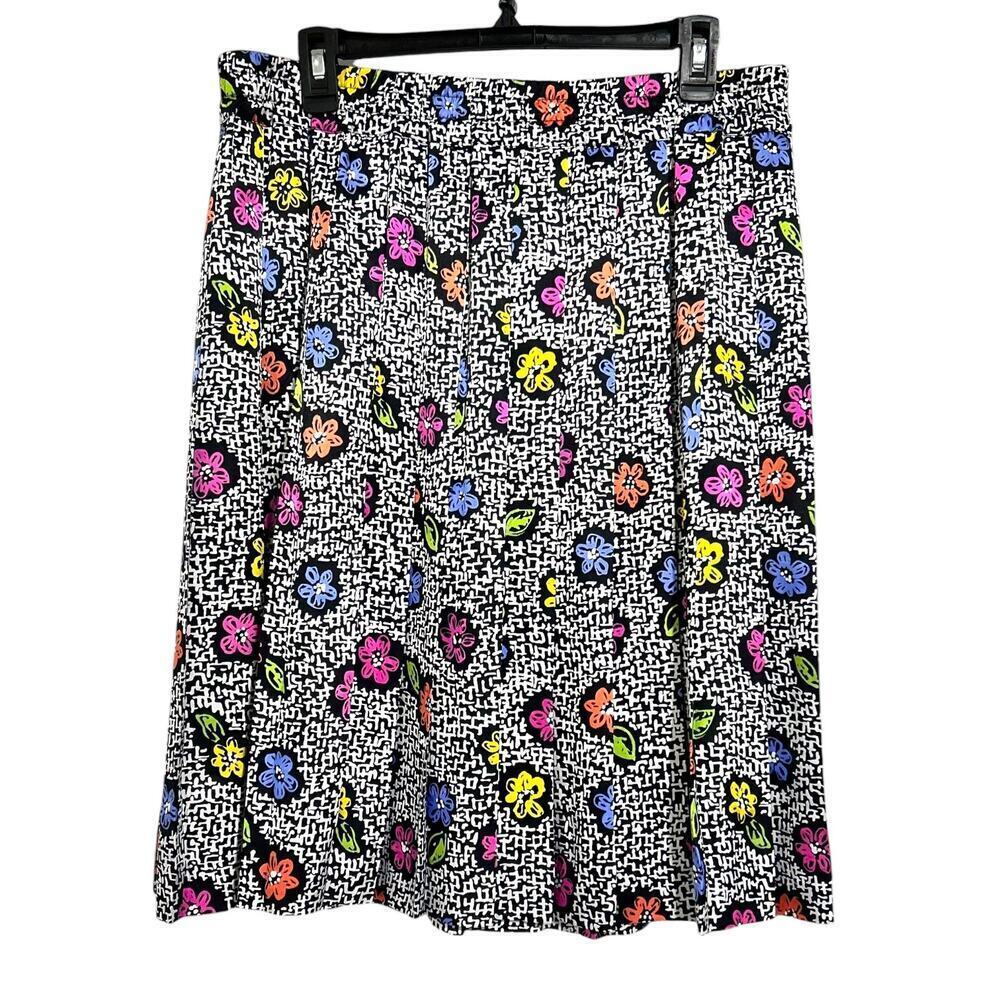 Vintage Pleated Skirt Abstract Floral Black White Print Knee Length sz 14 Large